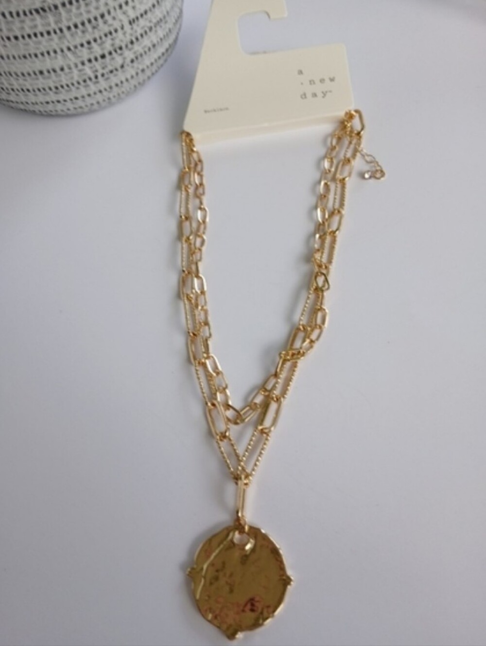 A New Day Double Layer Medallion Coin Paper Clip Necklacehort Gold Tone NWT